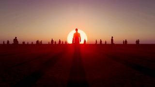 3D people spread out on a plain at sunset