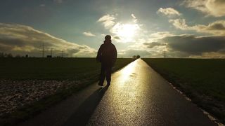Person walking on a path through agriculture fields