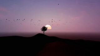 Flock flying around a tree during sunset