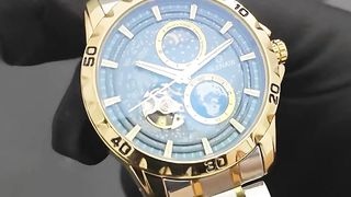 GLENAW Rotating Earth Double Second Hand WristWatch Men Automatic Mechanical Watch Starry Sky Stainless Steel Leather Watchband