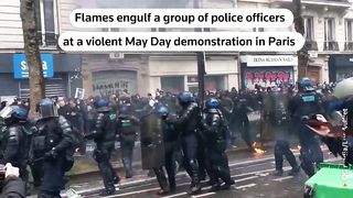 Petrol bomb engulfs Paris police in flames.