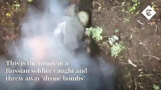 Moment Russian soldier catches and throws away Ukrainian 'drone bombs