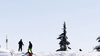 Tourists skiing on a snowy slope in Canada