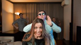 Group of friends partying happily