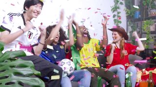 Friends from different countries celebrating a goal
