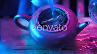 Traditional Tea Making on Board for Tea Ceremony By Neon Lighting