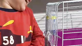 Very funny baby and rabbit