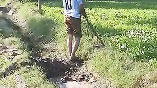 گاؤں کے سر سبز کھیت كو پانی لگاتے ہوئے