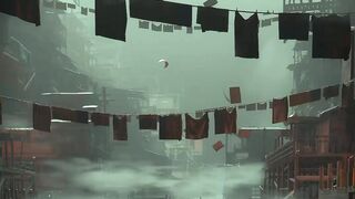 Animated illustration ai based video, the man boating in the destroyed river.