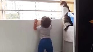 The cat saved him from the danger of falling