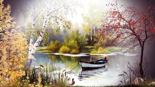 What a beautiful view of the fishing boat and ducks