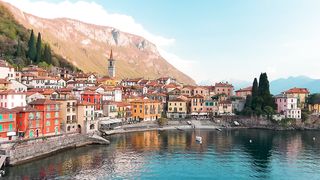 Aerial Beautiful Waterfront View of Varenna Town, Lake Como, Lombardy, Italy