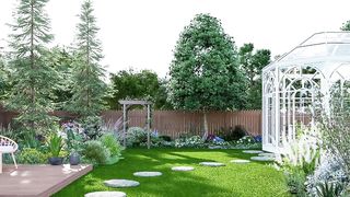 Luxurious colorful backyard garden with greenhouse 3D rendering