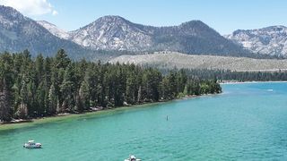 Aerial video of the blue lake Tahoe. On a sunny day, United States
