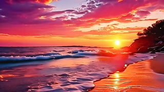 A sunset view on the sea, with bright red sunshine on calm waves in all colors
