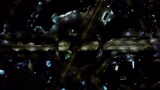 Top view of the traffic around going a roundabout at night