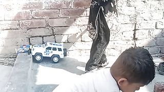 The small brother and sister are playing in small place