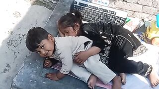 The boy is playing