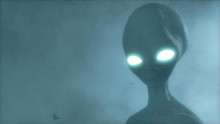 Eerie Encounter: The Scary Alien's Mesmerizing Gaze in the Smoky Haze