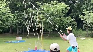We create a lot of soap bubbles at the same time