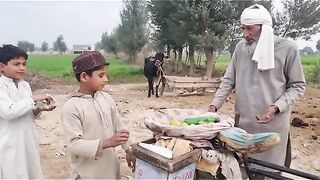 Boy making fun with old man