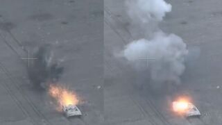 Russian BMP and infantry squad being eliminated by Ukrainian artillery