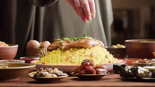 Couscous with chicken close-up, Muslim family dinner, Ramadan, iftar