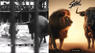 A real fight between a lion and a bull