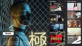Trailer Of Cyberpunk Movie On Streaming Service App Woman With Shaved Head In Dystopian Landscapes Neon Hieroglyphs Man In Demon Mask Underground