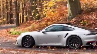 Riding a Porsche on a picturesque autumn road