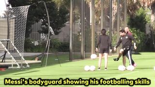 Messi's bodyguard showing footballing skills in front Messi and Suarez