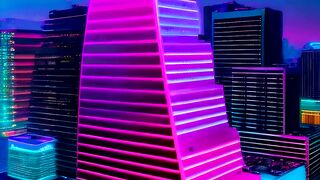 A colorful modern building takes center stage of the city at night