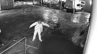 The guy is trying to get out of a spring puddle