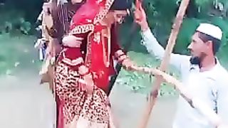 New wife passing the bamboo bridge