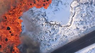 A volcanic eruption on a mountain range just 50 km from Reykjavik, Iceland.