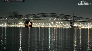 Moment bridge collapses in Baltimore after cargo ship collision.