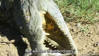 The mother crocodile moved her newly hatched child to the river