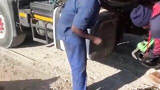 Elephants rob broken down orange truck in South Africa. ????
