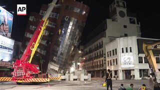 Emergency workers carry out rescue operation in epicenter of Taiwan earthquake zone.