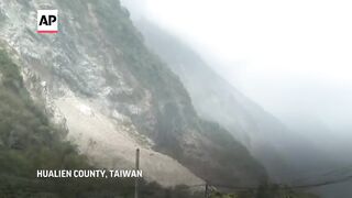 Landslides triggered by earthquake damages roads in Hualien Country, Taiwan.