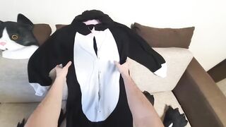 Cat Pranked By Big Cat Mask