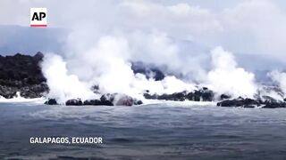 Lava from volcano on an uninhabited Galapagos island reaches ocean.