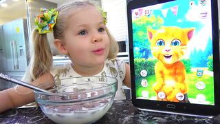 Diana and Funny Cat eats Breakfast and Plays
