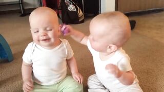 Twin baby girls fight over pacifier