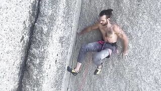 Exit DYNO on “THE SHADOW” 13a stemming corner #climbing #bouldering #aerialphotography