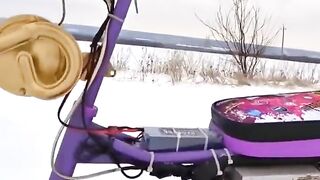 Homemade snowmobile from a sledge and motor wheel