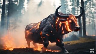 Lava bull fire bull walking in forest. Gangster of forest. Burning bull