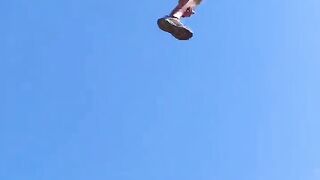 A human cannonball at the New River Gorge National Park and Preserve in West Virginia, USA.