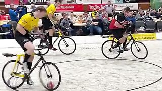 Cycle ball. The game similar to football but with bicycles!