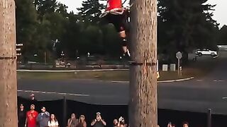 Caleb Graves can go up and down a 90' pole in 19.94 seconds. He's the Lumberjack World Champion